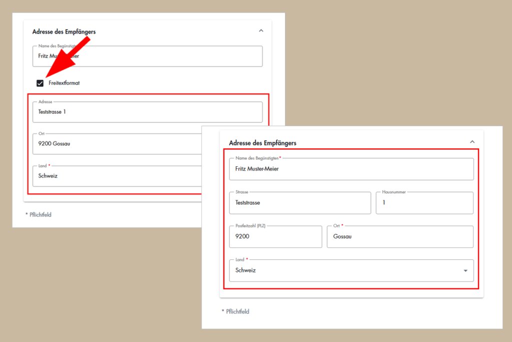 Bildschirm mit Eingabefeldern für Empfängerdaten bei der BLKB, Adresse, Name, Ort, Kontakt.