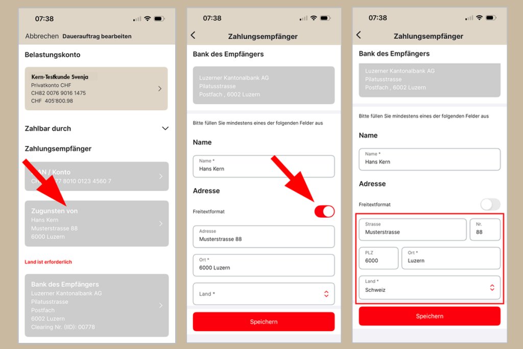 Screenshots einer Bank-App, Eingabefelder für Namen, Adresse und Speichern-Button.