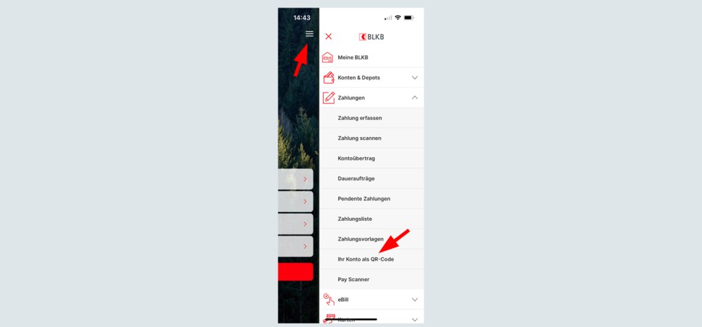 Screenshot der BLKB App mit Menüoptionen und QR-Code Scanner.