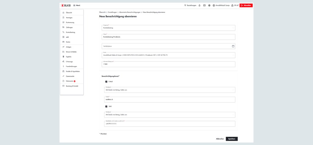 Screenshot des Online-Banking-Systems der Basellandschaftlichen Kantonalbank BLKB.