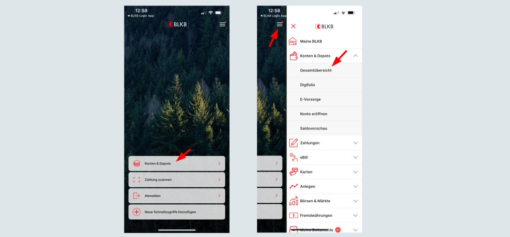 Screenshots der BLKB-App mit Menüauswahl und Kontenübersicht.