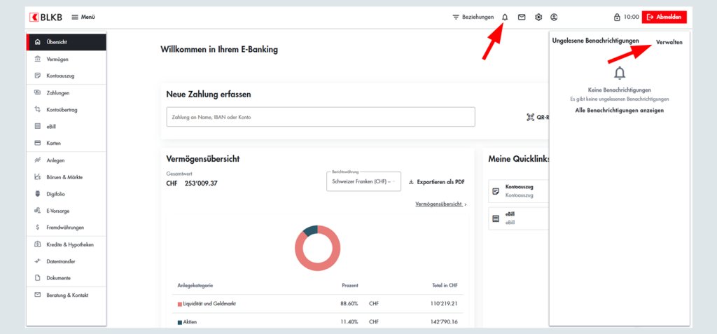 Screenshot des Onlinebankings der Basellandschaftlichen Kantonalbank BLKB.