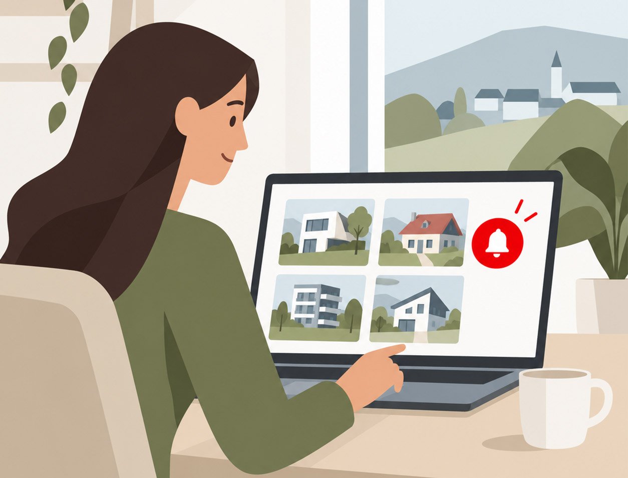 Frau schaut auf Laptop mit Immobilienbildern, neben Tasse, Fenster mit Landschaft in Hintergrund
