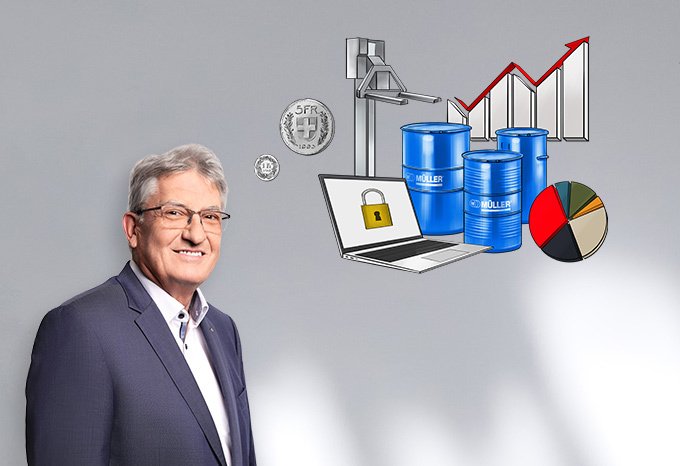 Porträt von Unternehmer Peter Müller mit seinen Gedanken als Grafik dargestellt.
