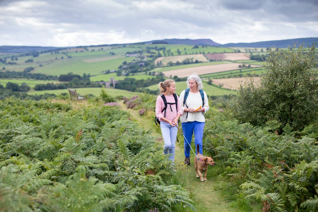 Eine glückliche, reife Frau lächelt, während sie mit ihrer Enkelin und ihrem Hund durch die Landschaft spaziert. Sie wandern durch die Hügel auf dem Land.