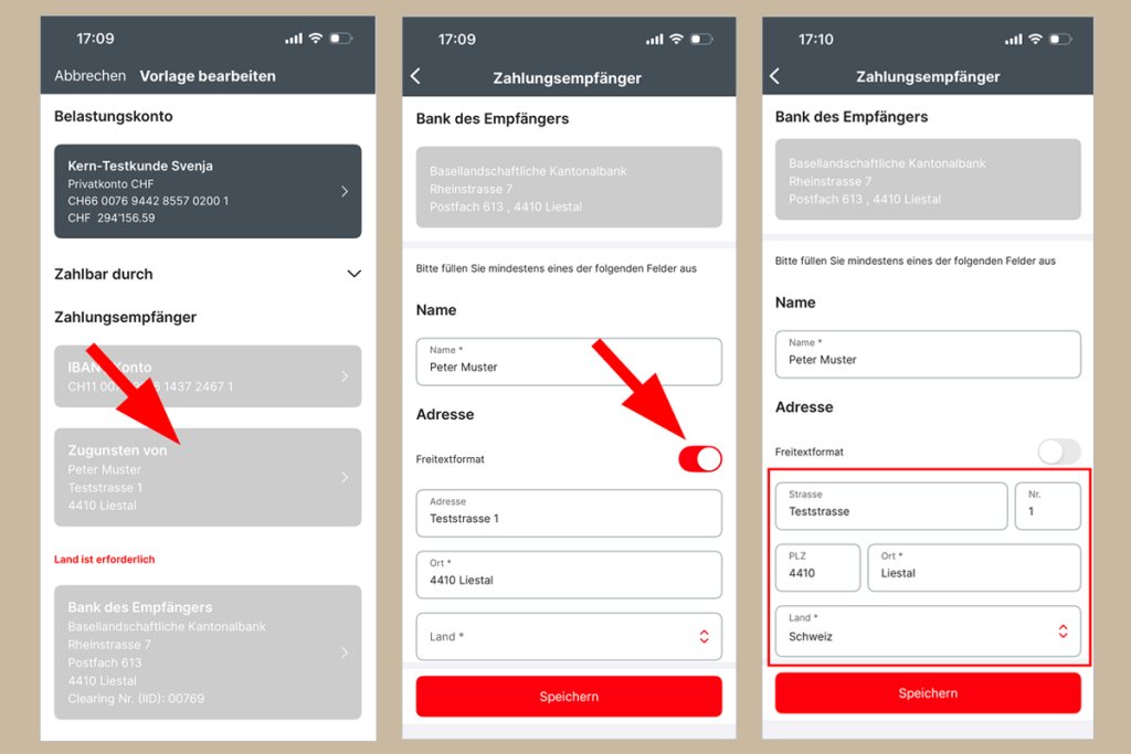 Screenshots der BLKB-App, Eingabe von Kontodaten und Adresse, Textfelder und Button sichtbar