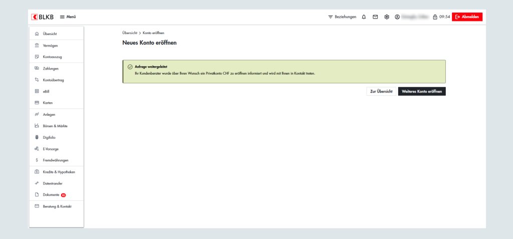 Screenshot der BLKB Online-Banking Plattform mit Kontoeröffnung Benachrichtigungen.
