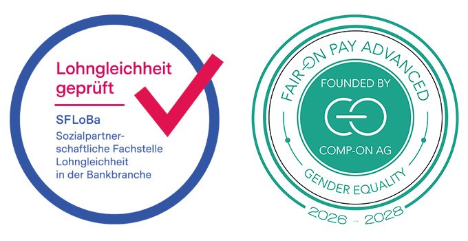 BLKB-Auszeichnungen: Lohngleichheit geprüft und Fair on Pay Advanced für Geschlechtergleichheit von 2026-2028.
