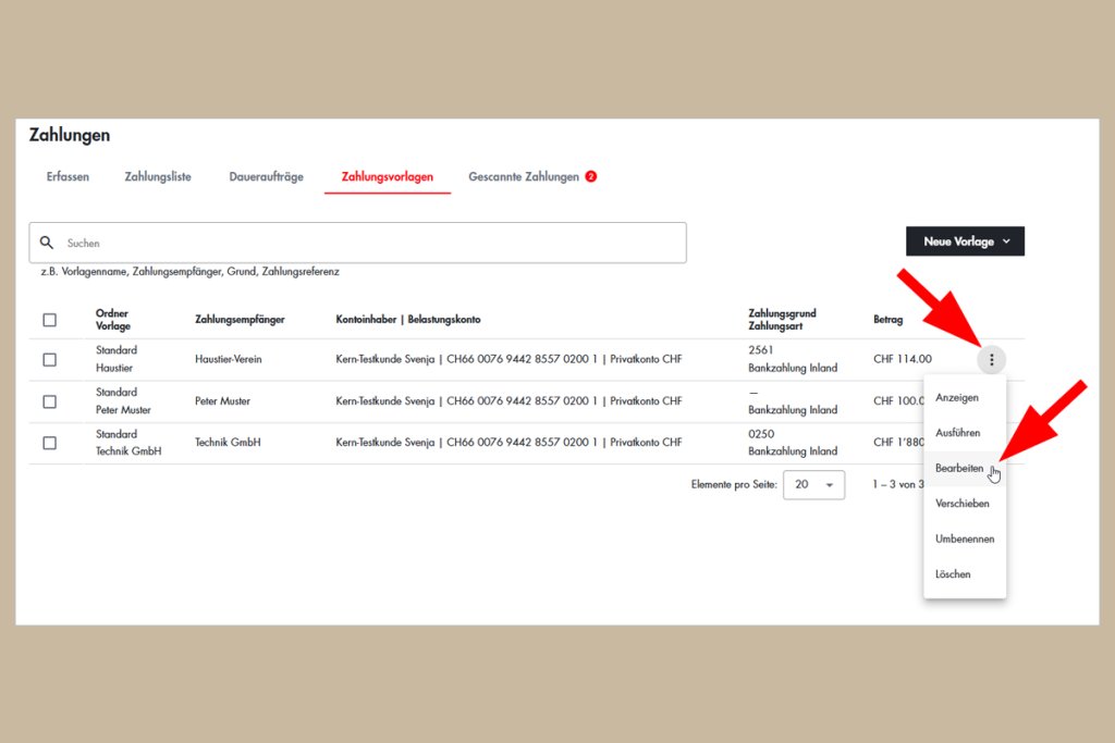 Bildschirm mit Zahlungsverwaltung bei BLKB, Menü mit Optionen wie Bearbeiten und Löschen.