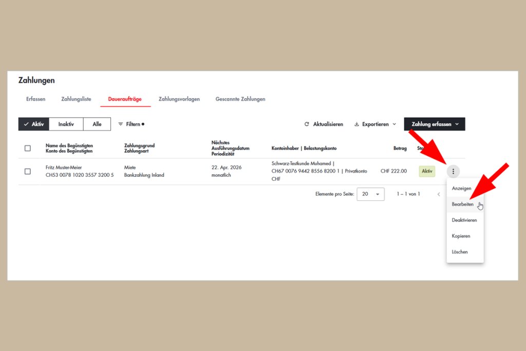 Bild zeigt eine Online-Baymentlasung bei der BLKB mit Dropdown-Menü und Zeilenauswahl.