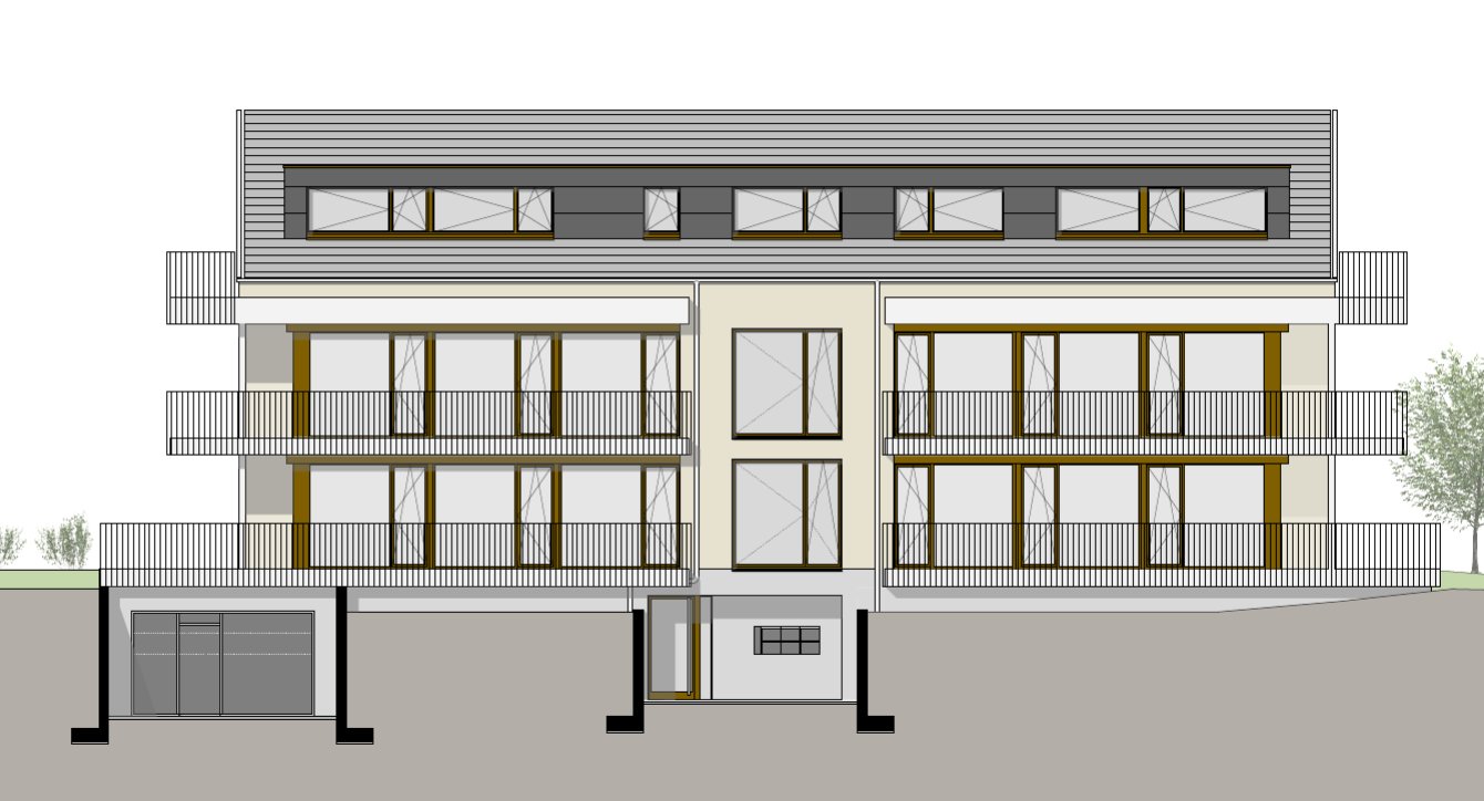 Zeichnung des Mehrfamilienhauses mit Balkonen, grossen Fensterflächen und zentrales Eingangsportal an der Baselstrasse 30, 4124 Schönenbuch.