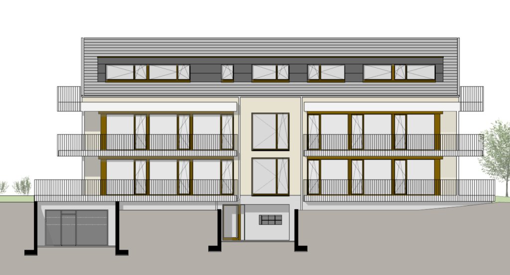 Zeichnung des Mehrfamilienhauses mit Balkonen, grossen Fensterflächen und zentrales Eingangsportal an der Baselstrasse 30, 4124 Schönenbuch.