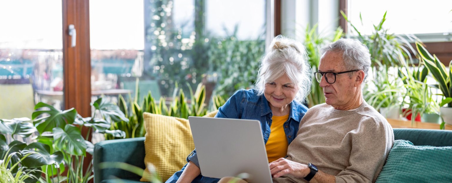 Zwei Senioren arbeiten gemeinsam am Laptop in einem hellen Wohnzimmer.