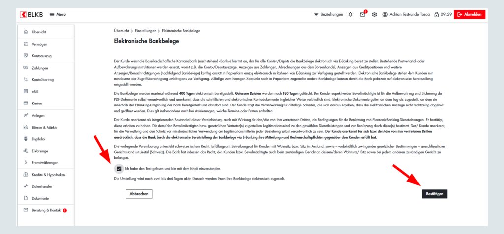 Screenshot eines digitalen elektronischen Bankbelegs der Basellandschaftlichen Kantonalbank (BLKB).