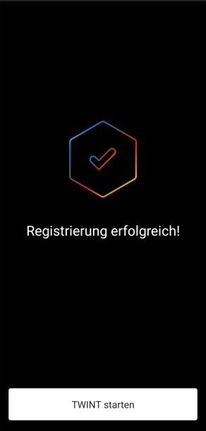 Registrierung erfolgreich, blau-rote Hexagon mit Häkchen auf schwarzem Hintergrund.