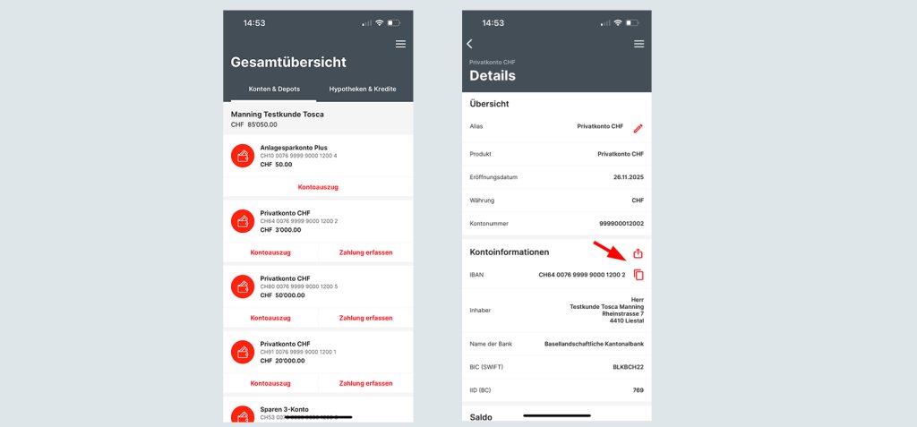 Screenshots der BLKB App mit Kontoinformationen und Transaktionsdetails.