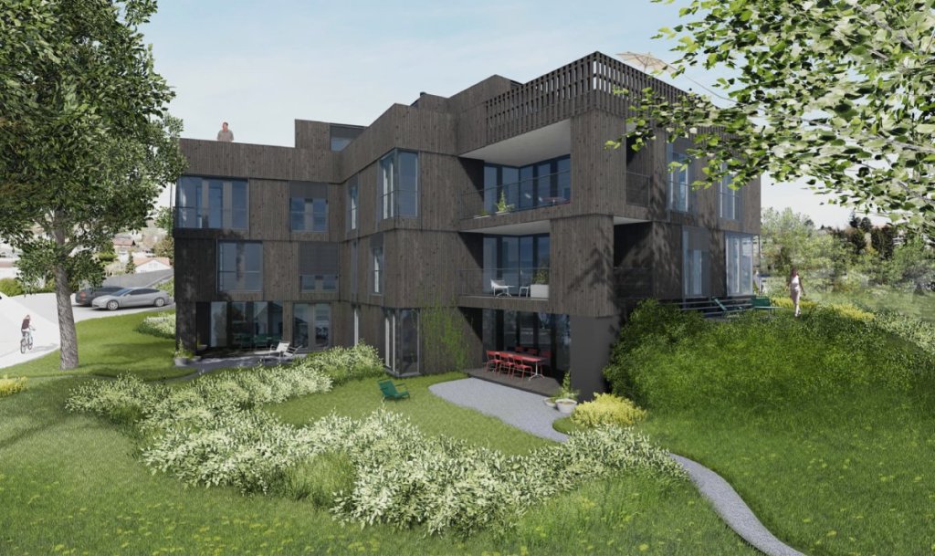 Mehrfamilienhaus mit Eigentumswohnungen in dunkelbrauner Holzfassade mit Garten am Hohlweg im Rebgarten in Oberwil.