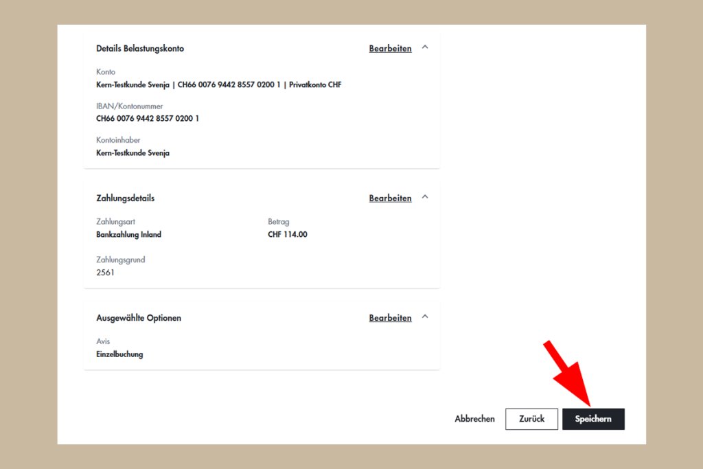 Bildschirm mit einer digitalen Bank-Software, Schaltflächen Zurück und Speichern.