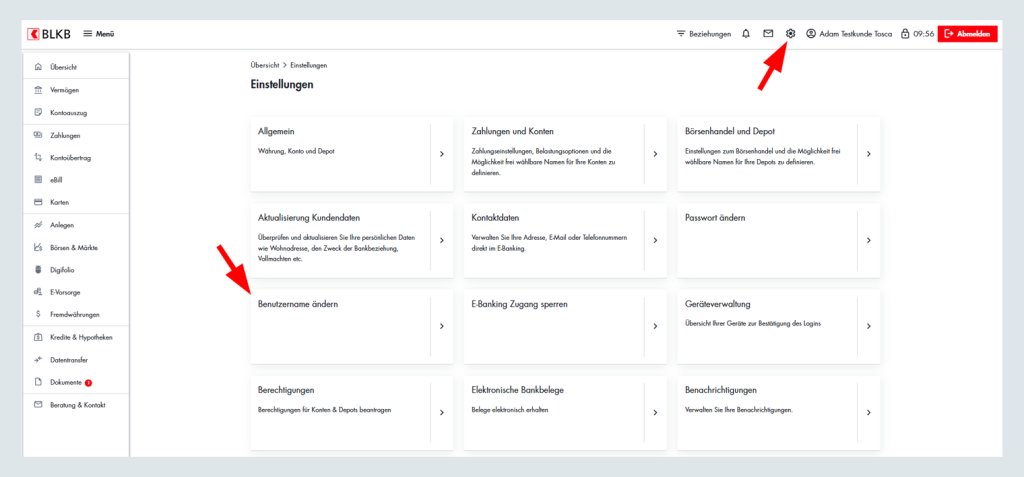 Screenshot der BLKB Online-Banking Oberfläche mit Menü und Einstellungen.