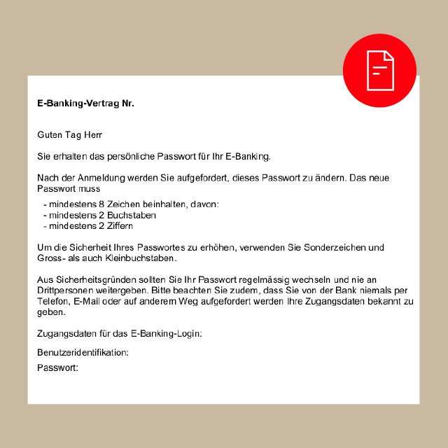 Brief zum Digipass mit der Aufforderung, das Passwort des E-Bankings zu ändern und den Angaben, was im Passwort enthalten muss.