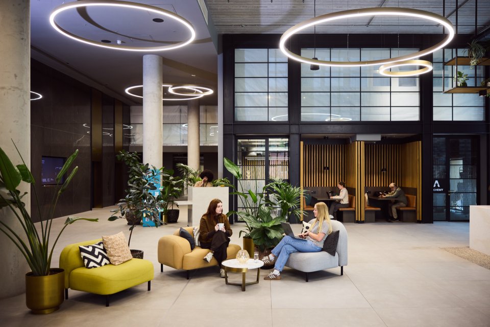 Base's open plan reception and breakout space