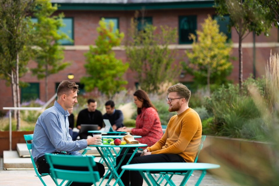 Outdoor breakout space at Manchester Science Park
