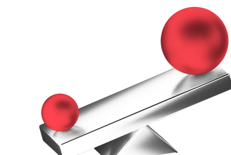 Small and large red spheres on a metal lever, standing for high leverage up to 1:1000