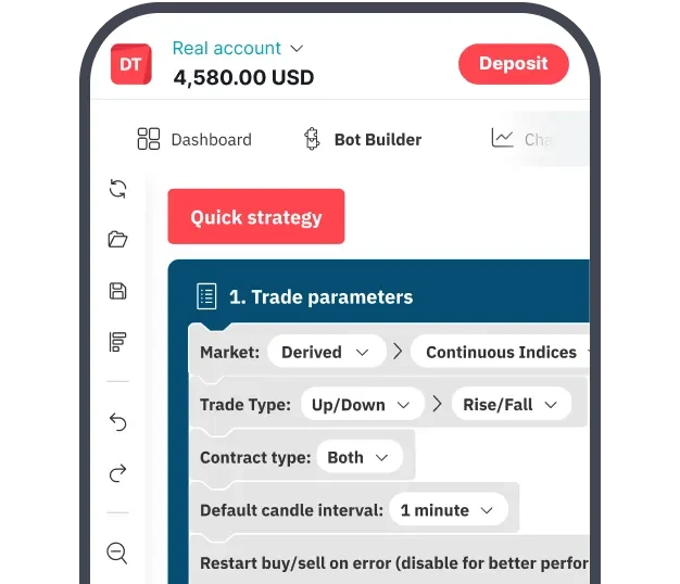 Deriv Bot Builder on mobile setting trade parameters for Rise/Fall on Continuous Indices