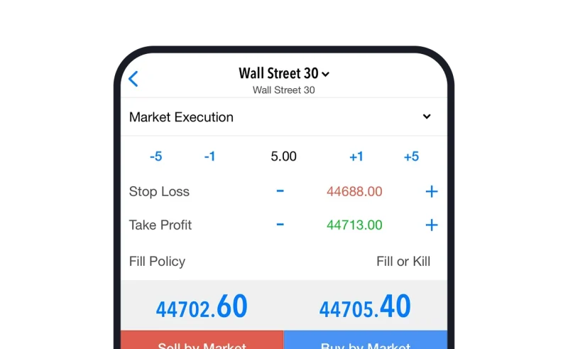Deriv MT5 order ticket on mobile for Wall Street 30 with stop loss and take profit set