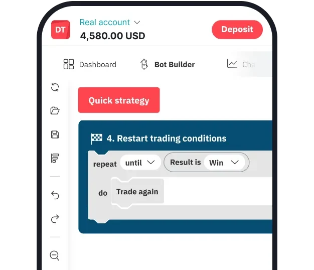 Deriv Bot Builder on a phone with a repeat-until-win restart condition in a trading strategy