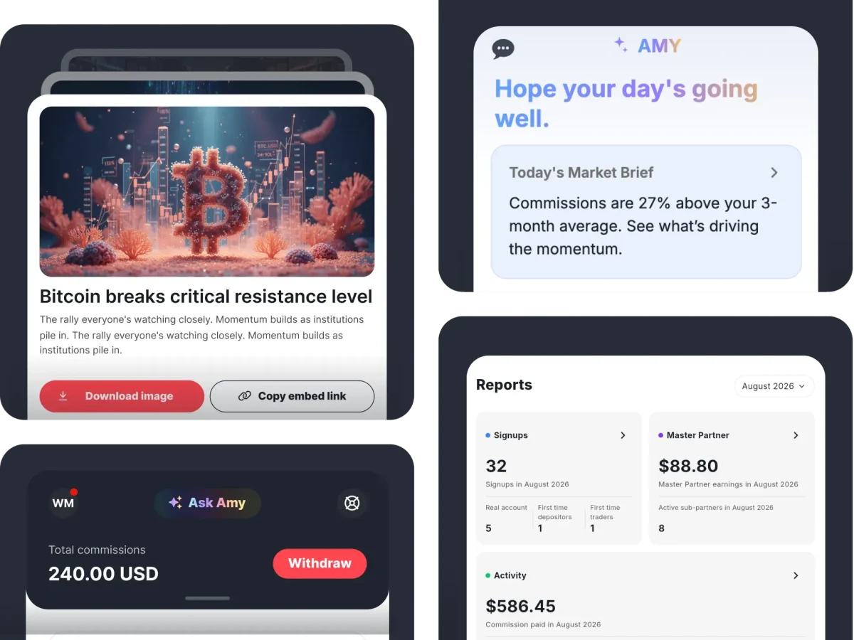 Deriv partner dashboard screens showing commission totals, monthly reports and AI market briefs.