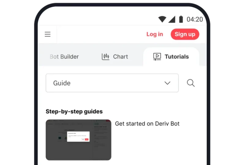 Deriv Bot tutorials tab on a phone, showing step-by-step guides for getting started.