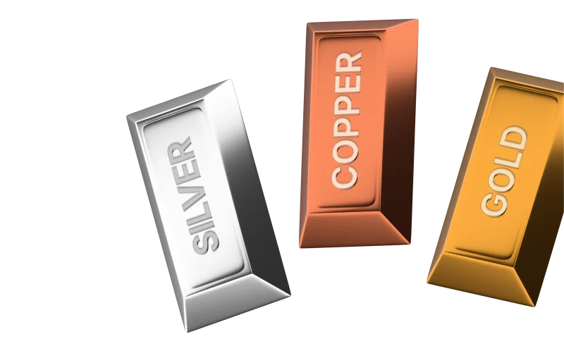 Metal bars labelled silver, copper and gold