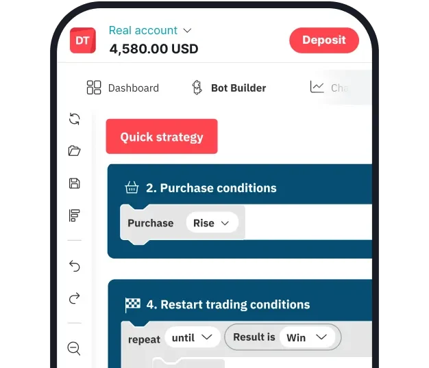 Deriv Bot Builder blocks setting the purchase condition to Rise and repeating until a win