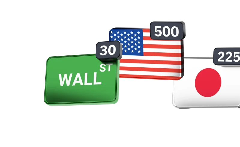 Wall Street 30, US 500 and Japan 225 index tiles shown with their country flags