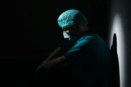 Male nurse sitting on the floor with dramatic shadowing and lighting