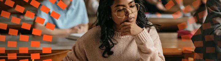 A woman thinking in a library