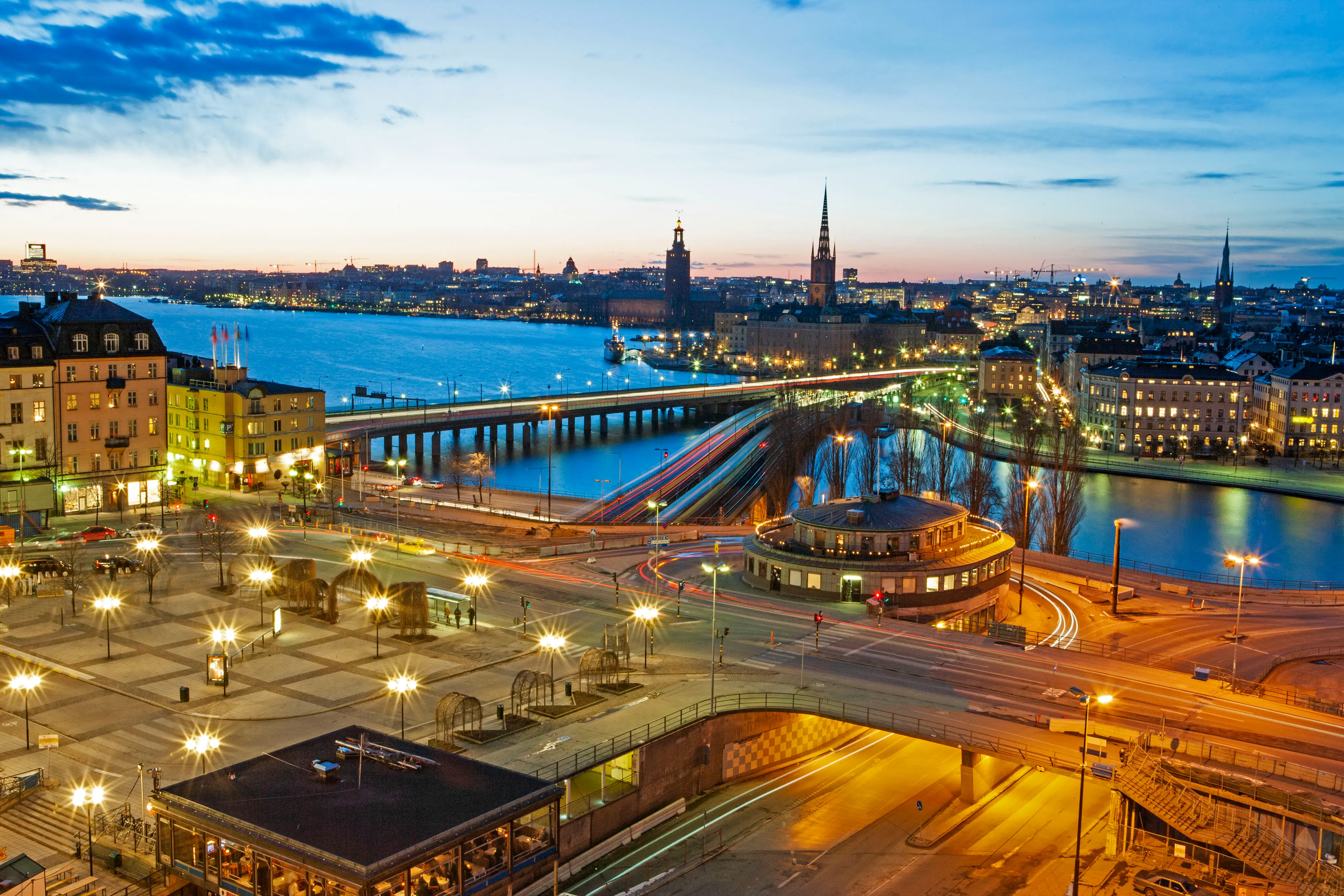 Elevated skyline of Stockholm illuminated at dusk