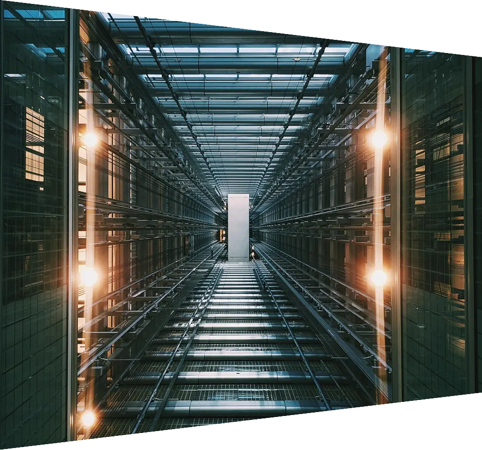 Vertical shot of an illuminated data center storage and network server room