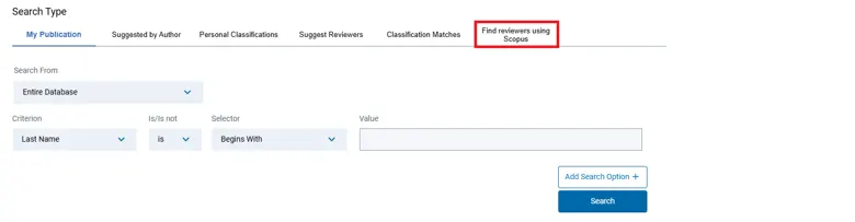 Figure caption: Accessing Find Reviewers in Editorial Manager. Selecting "Find reviewers using Scopus" from the reviewer search options opens the tool.