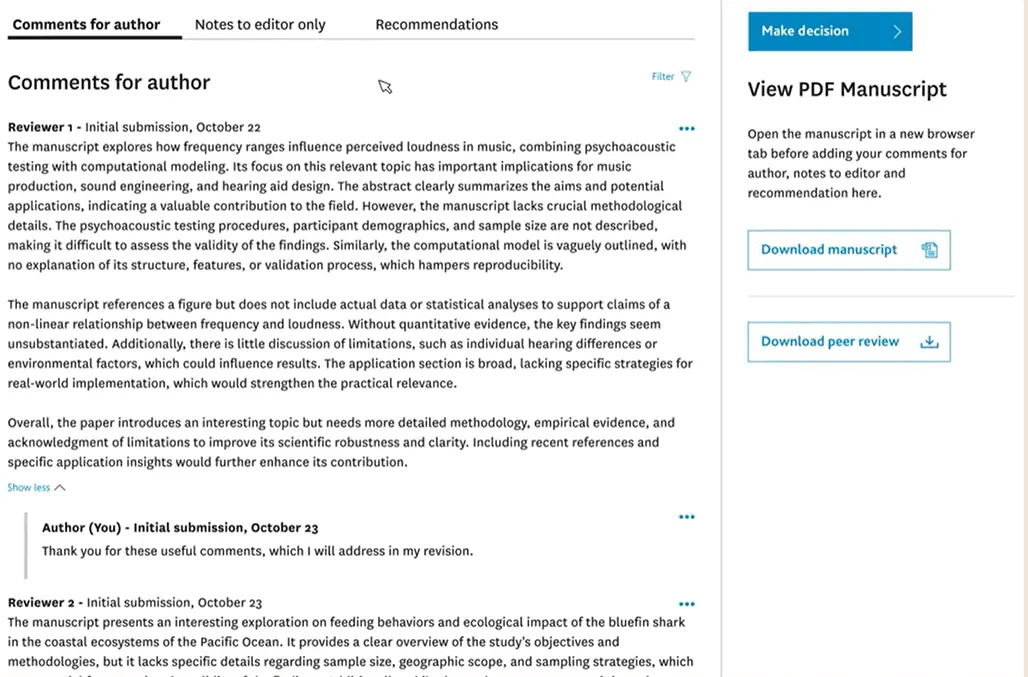 Reviewer view showing comments and author responses together in one interface