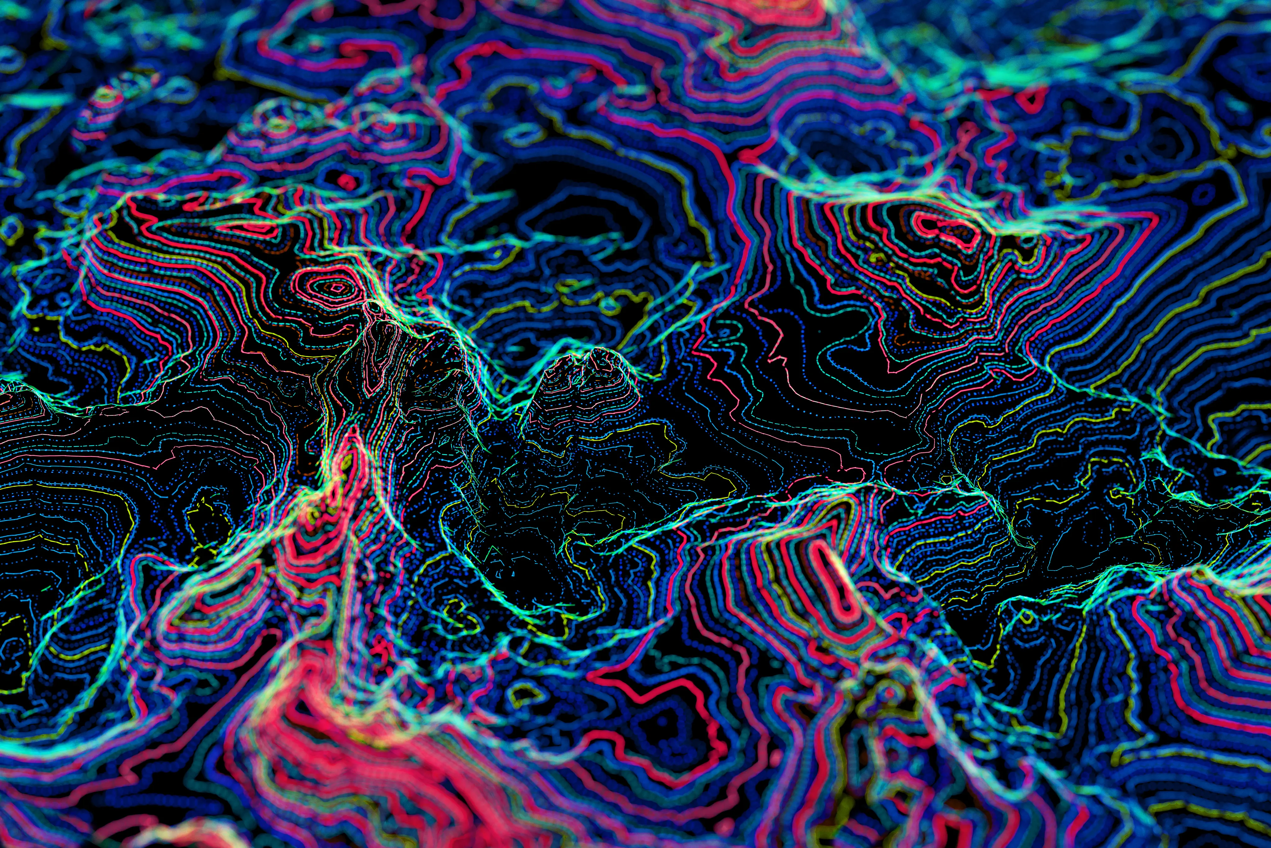Digital generated image of multi colored glowing data over landscape