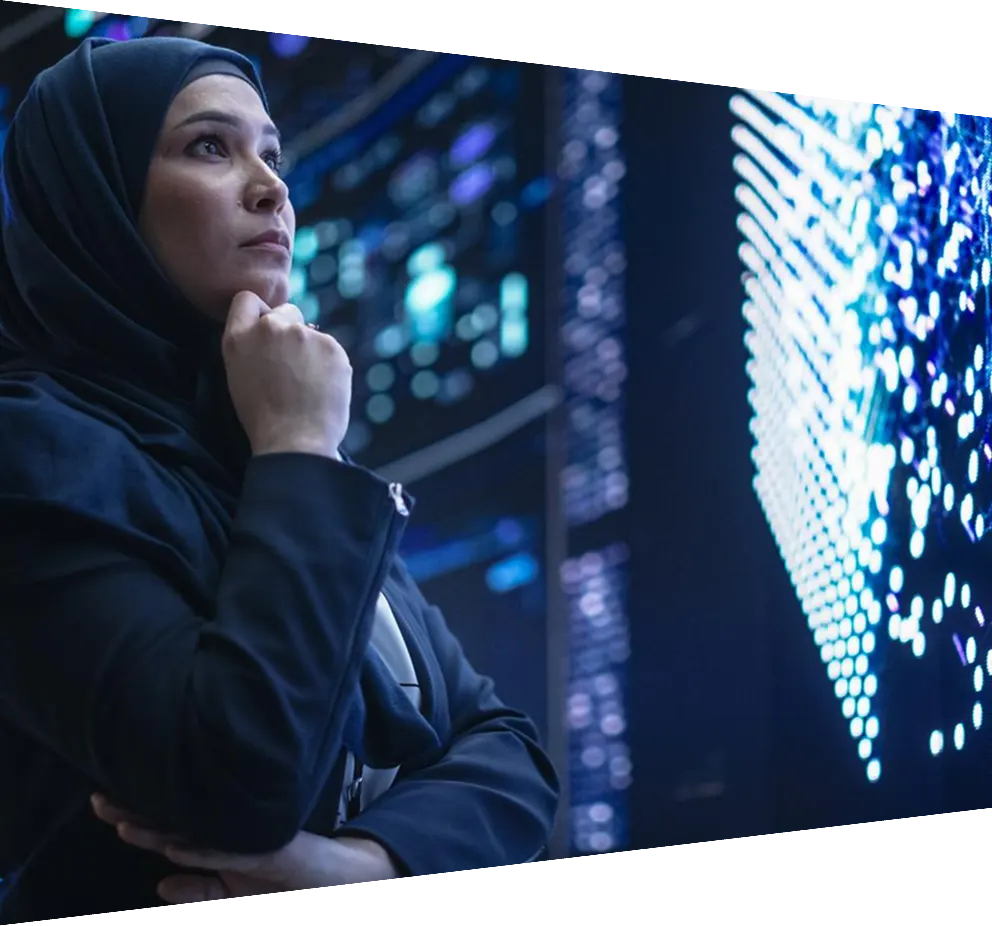 Portrait of Software Engineer Analyzing Neural Network Big Data on a Digital Screen. 