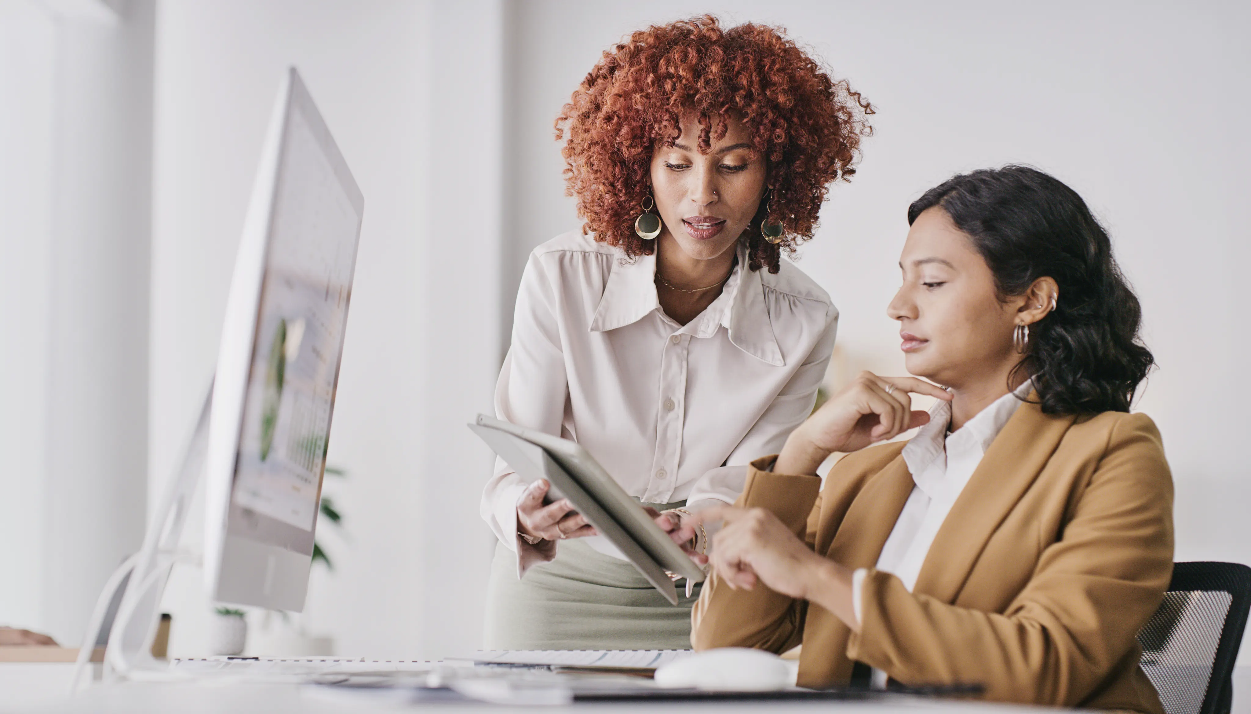 Office tablet, communication and personal assistant with leader, manager or boss talking, consulting and review online research. Talking, ecommerce partnership or diversity teamwork on corporate data