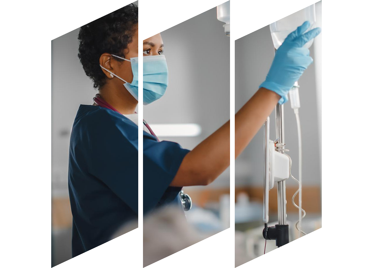 Professional head nurse wearing face mask checking patient's vitals