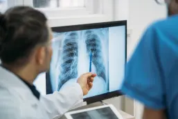 Close-up of doctors analyzing radiological chest x-ray