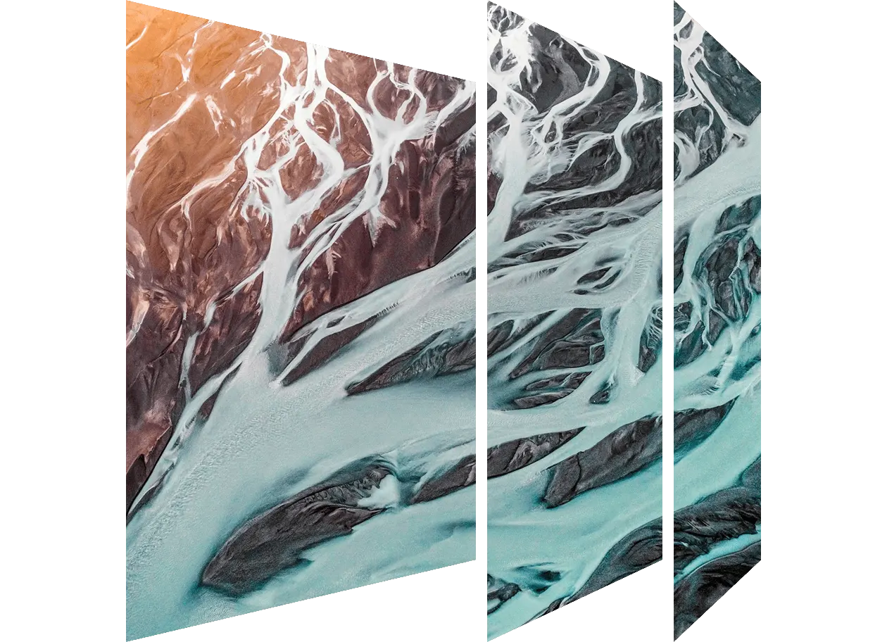 Aerial view of braided glacial river