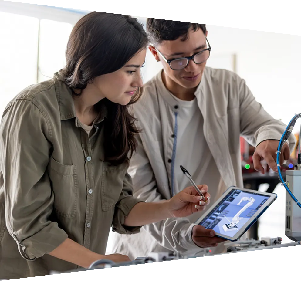 Two students in discussion about technology