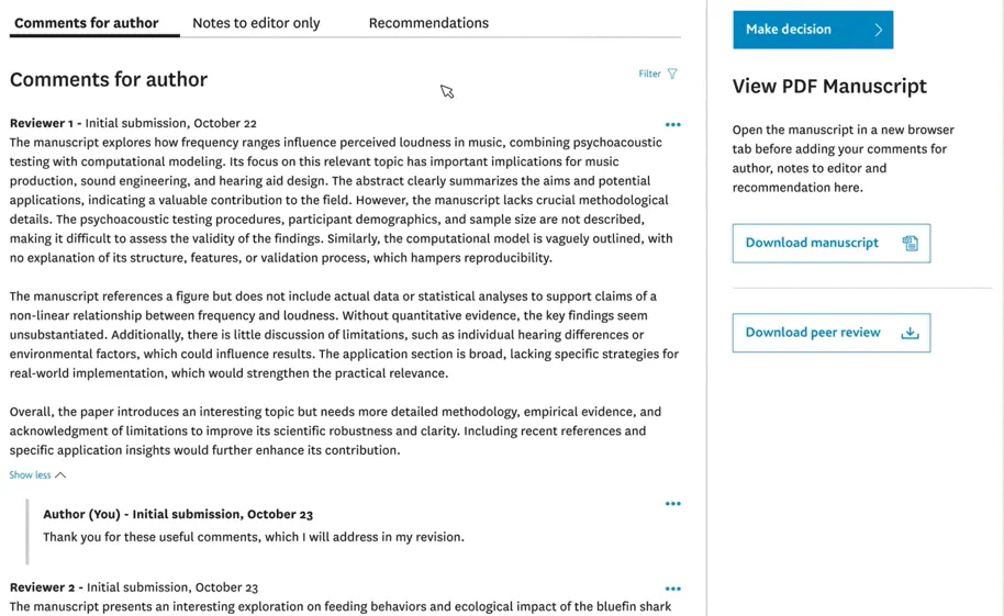 The reviewer view showing comments and author responses together in one interface screenshot