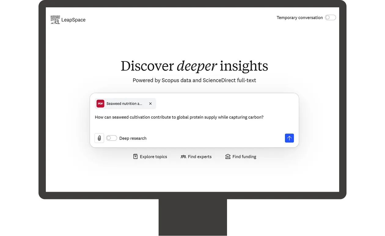 Screenshot of LeapSpace search box with a PDF attached and the query "How can seaweed cultivation contribute to global protein supply while capturing carbon?"